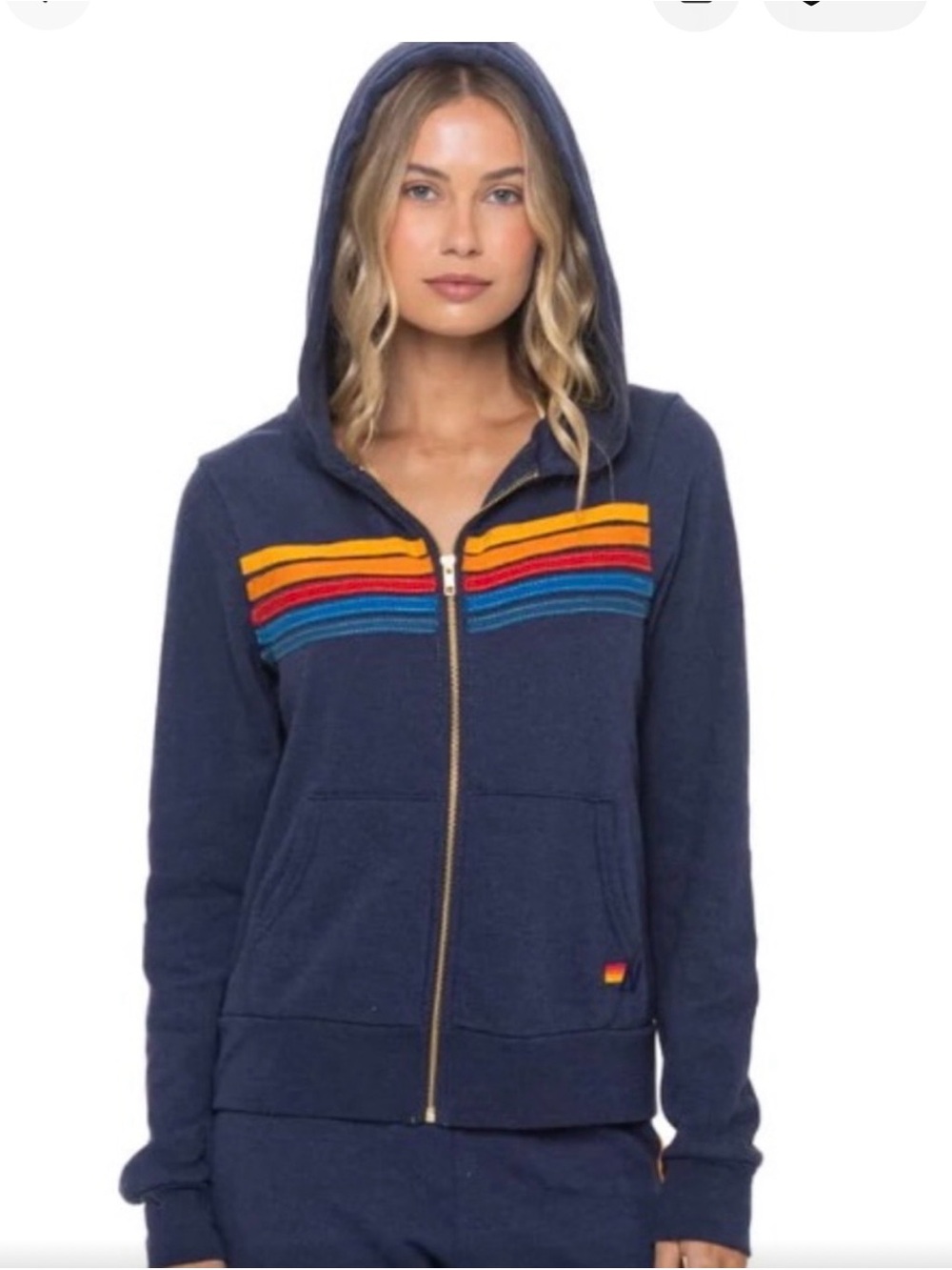Aviator Nation Navy Zip-Up Hoodie with Rainbow Stripe Detail, Large